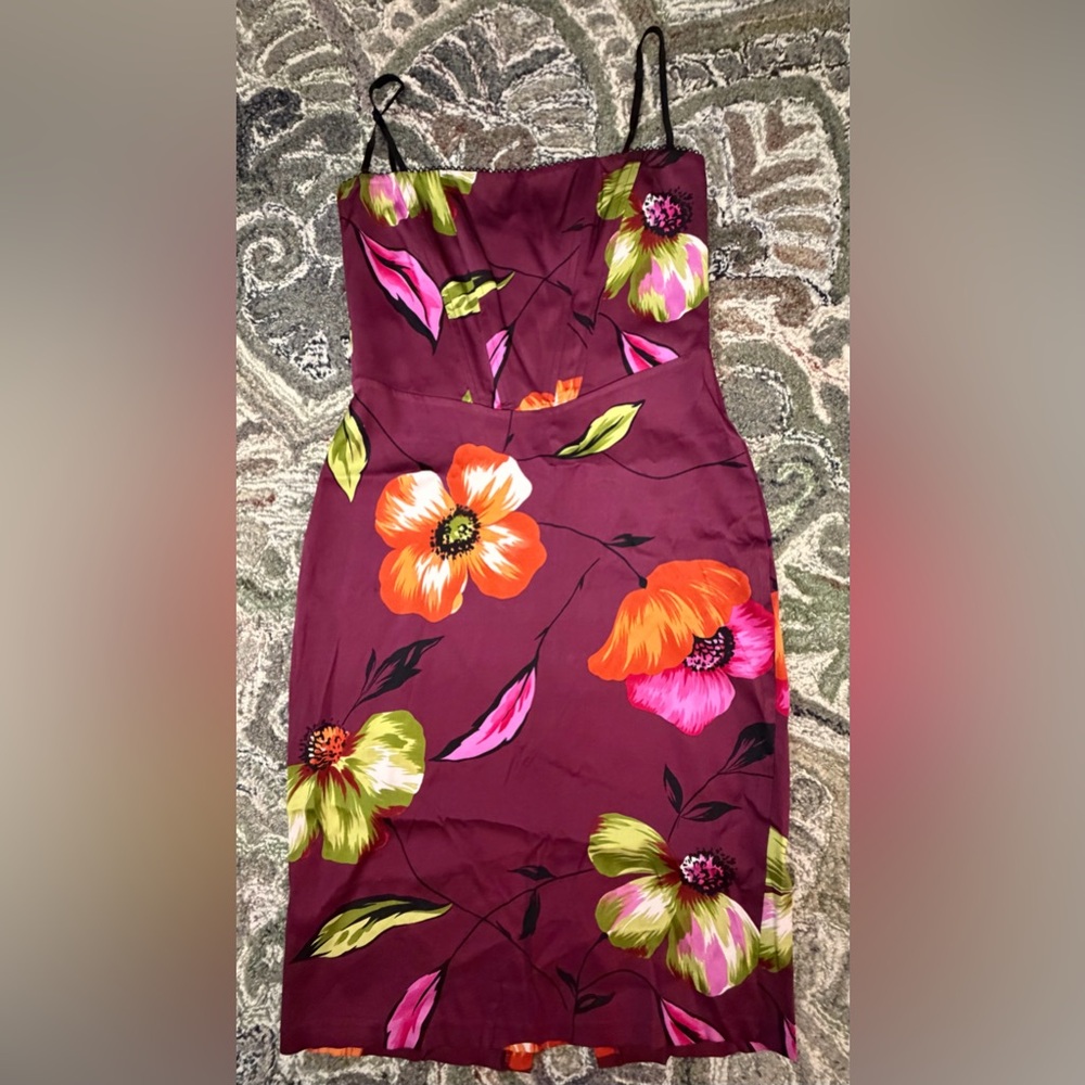 Vintage Bebe Bold Burgundy Wine Floral Bodycon Dress Sheath Medium 6 8 10 Y2K